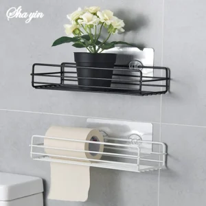 S277d50d2a9e043b5a125b23850bfbe6dF.webp Black Iron Corner Bathroom Storage Rack – Punch‑Free Wall Mounted Shelf