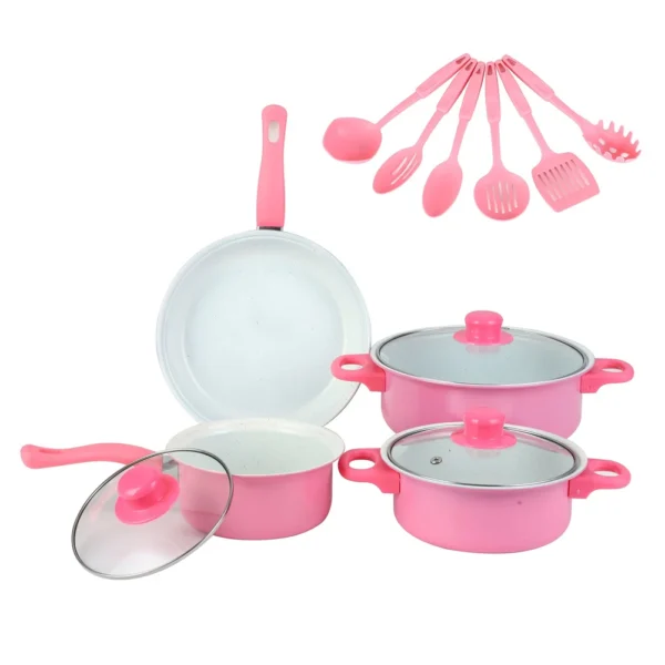 12Pcs Non Stick Cookware Set Milk Pot Maifan Stone Frying Pan with Lid Cooking Pot Set for All Types of Cooker