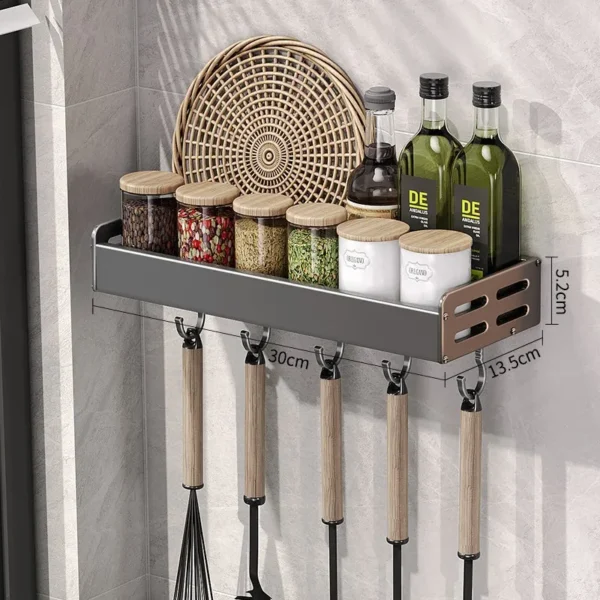 Wall Mount Utensil Holder Multifunctional Spice Organizer Shelf with Hooks Kitchen Hanging Storage Wall Shelf