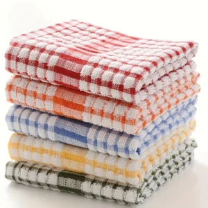 S2eefab5bbe2547d19985cbf46d71f265E.webp 5pcs Absorbent Plaid Dish Towels - Reusable Kitchen Cleaning Cloths in Assorted Colors (Red, Blue, Orange, Yellow, Green)