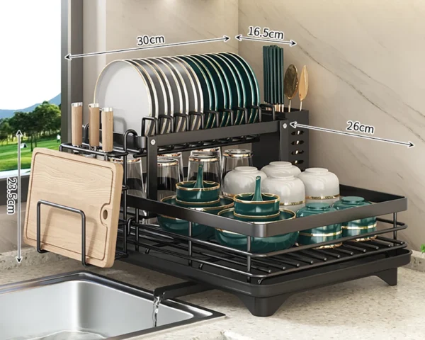 S3aa165d8404f4fd88cdb4abb8e7bee90z-2.webp 2‑Tier Stainless Steel Dish Drying Rack with Drainboard