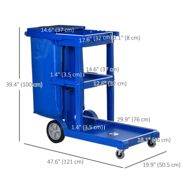 Commercial Janitorial Cart with 3 Tier Shelves, Professional Cleaning Cart with Rubbish Bag with Lid and Mop Mount for Hotel, Restaurant, Office, Blue