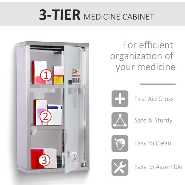 Wall Mount Medicine Cabinet Bathroom Cabinet with 2 Shelves, Stainless Steel Frame and Glass Door, Lockable with 2 Keys