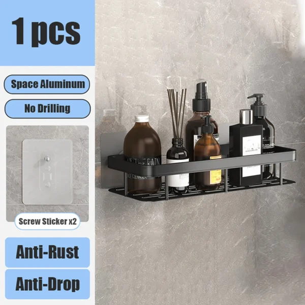 No‑Drill Aluminum Corner Bathroom Shelf – Wall Mounted Shower Organizer