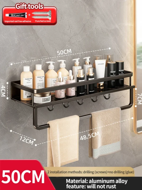 Wall‑Mounted Aluminum Bathroom Rack – Lacquered Single‑Tier Shelf