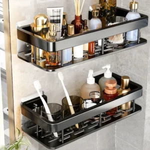 No‑Drill Aluminum Corner Bathroom Shelf – Wall Mounted Shower Organizer