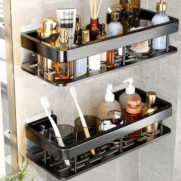 No‑Drill Aluminum Corner Bathroom Shelf – Wall Mounted Shower Organizer