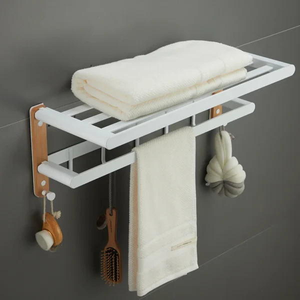 White Aluminum Bathroom Storage Rack – Folding Towel Rod & Wall‑Mounted Organizer