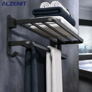 S6fe2d4dfaa774741b74cceff2cb42f2bi.webp Black Space Aluminum Double‑Layer Folding Bathroom Towel Rack 50–60cm