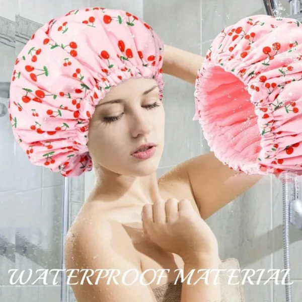 S7186552c0ac84e6691888a718fbf6754W.webp Women’s Adjustable Terry‑Lined Shower Cap – Triple‑Layer Waterproof Reusable Hair Bonnet