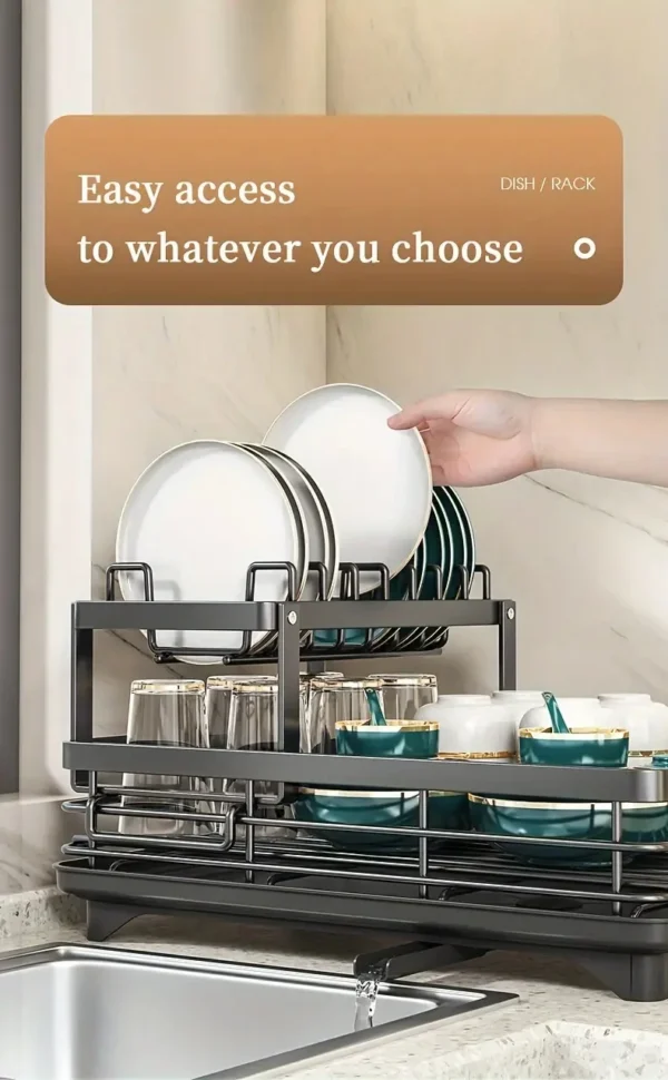 S733e63dcc5444aa9bc098a34aece8917i-1.webp 2‑Tier Stainless Steel Dish Drying Rack with Drainboard