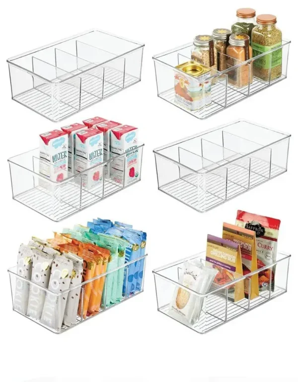 Refrigerator Organizer Bin Clear Plastic Food Storage Organizer Fridge Storage Box with Divider Freezer Pantry Kitchen Organizer