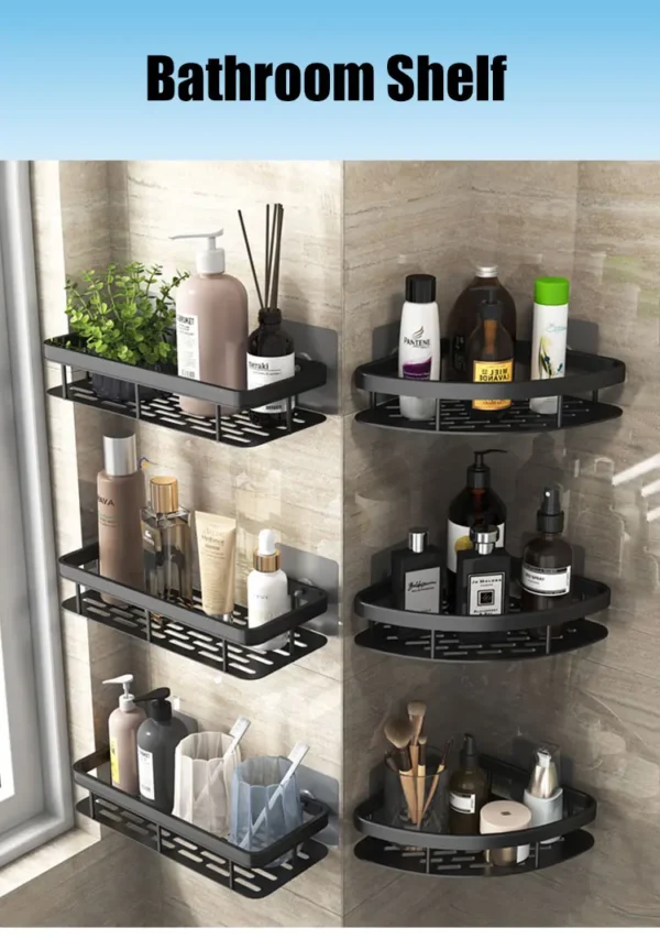 No‑Drill Aluminum Corner Bathroom Shelf – Wall Mounted Shower Organizer