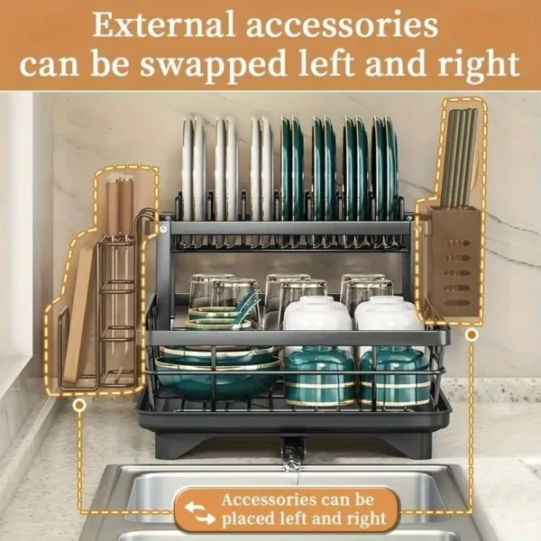 S7fd8fb6d84dc44b099bb1d54ae148fdeB-1.webp 2‑Tier Stainless Steel Dish Drying Rack with Drainboard