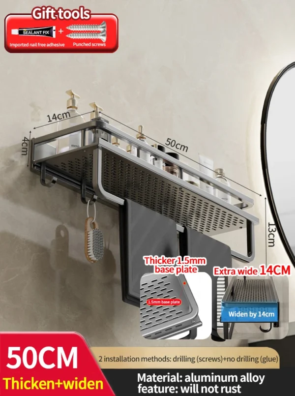 Wall‑Mounted Aluminum Bathroom Rack – Lacquered Single‑Tier Shelf