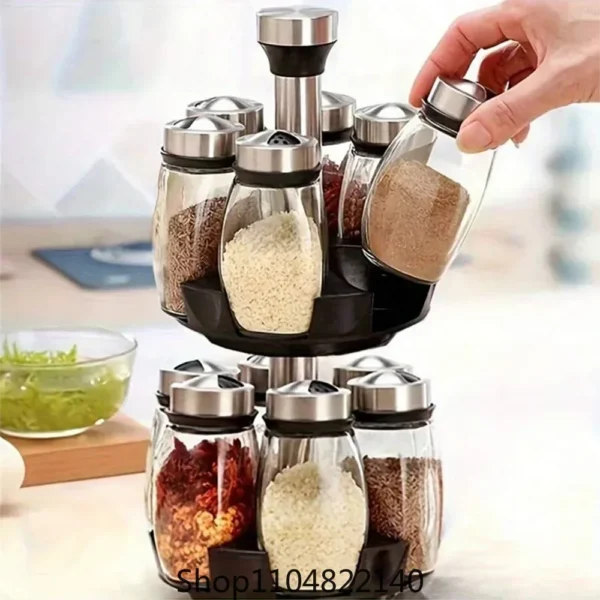 1set Spice Jar Set Rack Glass Organizer Rotating Glass Seasoning Sugar Pepper Bottles Salt Shakers Holder Kitchen Storage Rack