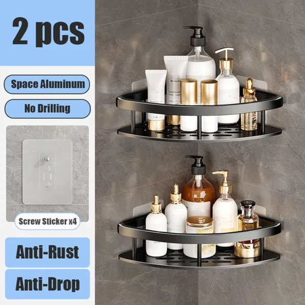 No‑Drill Aluminum Corner Bathroom Shelf – Wall Mounted Shower Organizer
