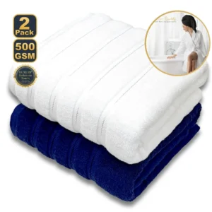 S8f869df6e144482ba6c1d0738718bbcfq.webp 2‑Piece Egyptian Cotton Bath Towel Set – Super Absorbent Quick‑Dry Terry Towels (White & Blue)