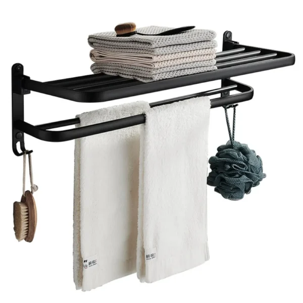 Bathroom Towel Rack Wall Mounted Space Aluminum Storage Shelf Black Double-layer Folding Towel Holder Bathroom Accessories