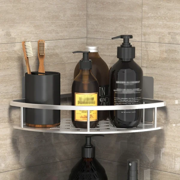 S9a971bc9c57540b89cd401fdf34932f91-2.webp Bathroom Storage Rack – Wall‑Mounted Single‑Tier Corner Shelf