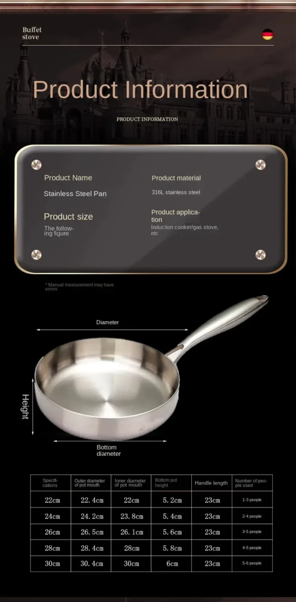 1pc 304 Stainless Steel Frying Pan, NonStick Pan Fried Steak Pot Uncoated Kitchen Cookware For Gas Stove and Induction Cooker