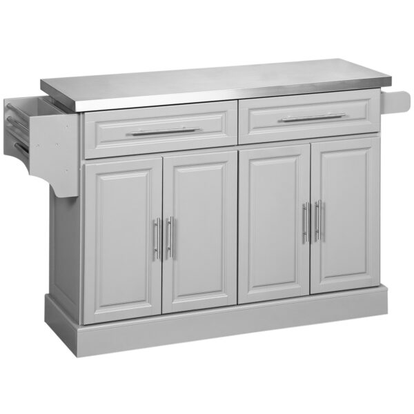 Rolling Kitchen Island with Storage and Stainless Steel Top, Kitchen Trolley with Drawers, Cabinets, Towel Rack, Grey