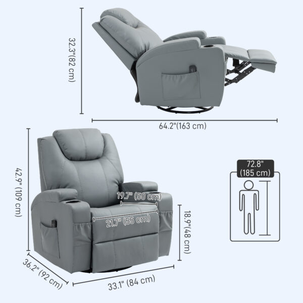 SIB87419496d48056.jpg Massage Recliner Chair Leather Swivel Rocker Manual Reclining Chair with 8 Vibration Points, Cup Holders, Light Grey