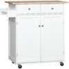 Rolling Kitchen Island with Storage, Kitchen Cart with Rubber Wood Top, Adjustable Shelf, Towel Rack, Hooks and Storage Drawers, White