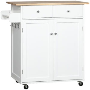 Rolling Kitchen Island with Storage, Kitchen Cart with Rubber Wood Top, Adjustable Shelf, Towel Rack, Hooks and Storage Drawers, White
