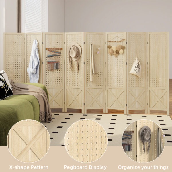 Wooden Room Divider with Pegboard Display, 8 Panel Folding Privacy Screen for Home Office, Natural Wood