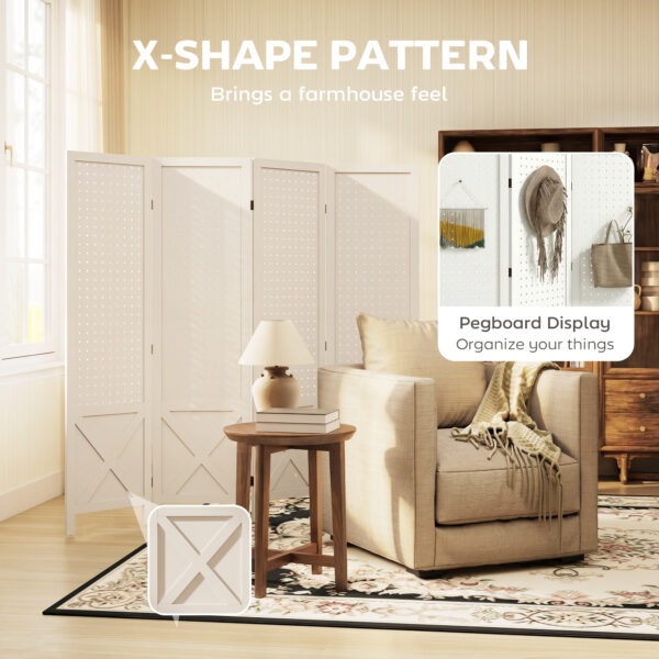 SWFf9a19c52979301.jpg 56.9" 4 Panel Wooden Room Divider with Pegboard Display, Folding Privacy Screen for Home Office, White
