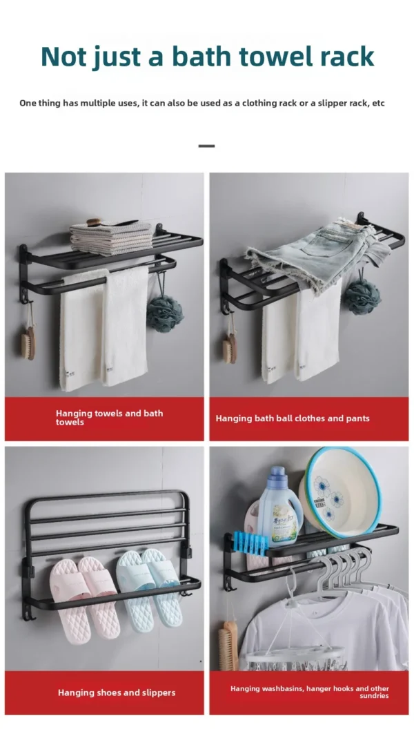 Black Space Aluminum Double‑Layer Folding Bathroom Towel Rack 50–60cm