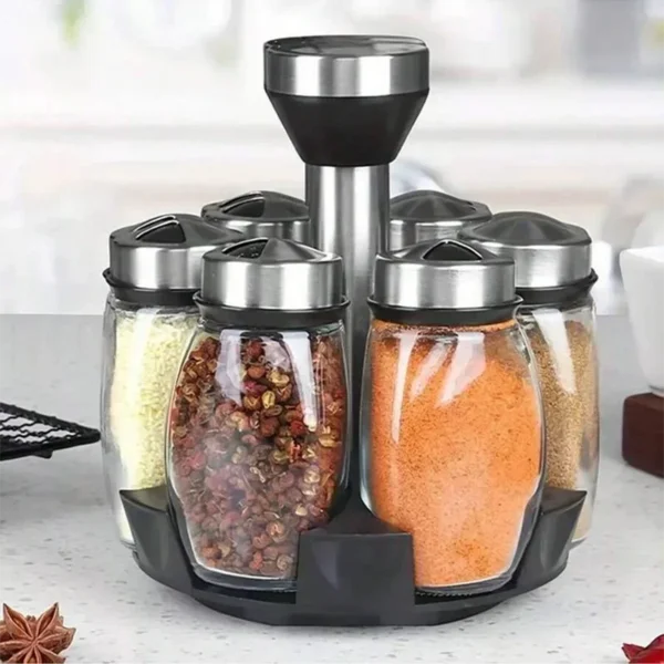 1set Spice Jar Set Rack Glass Organizer Rotating Glass Seasoning Sugar Pepper Bottles Salt Shakers Holder Kitchen Storage Rack