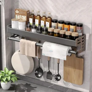 Saa7c32e1d3d44f75b71286857a4f4465O-1.webp Wall Mount Utensil Holder Multifunctional Spice Organizer Shelf with Hooks Kitchen Hanging Storage Wall Shelf