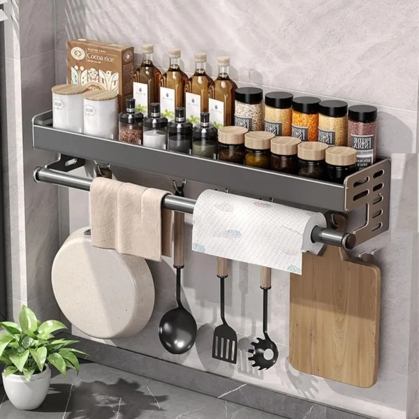 Wall Mount Utensil Holder Multifunctional Spice Organizer Shelf with Hooks Kitchen Hanging Storage Wall Shelf