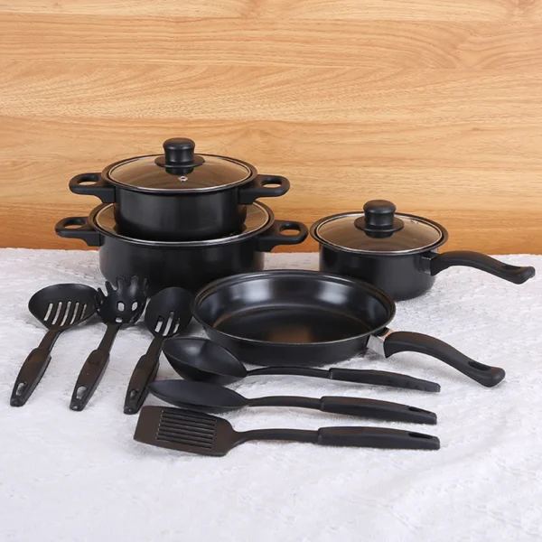 12Pcs Non Stick Cookware Set Milk Pot Maifan Stone Frying Pan with Lid Cooking Pot Set for All Types of Cooker
