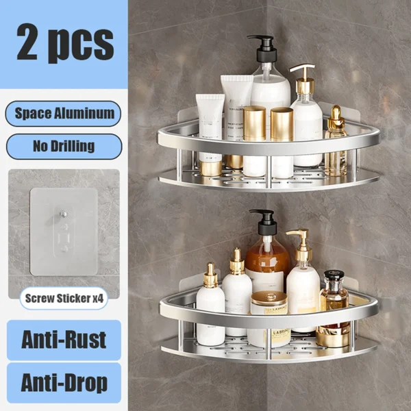 No‑Drill Aluminum Corner Bathroom Shelf – Wall Mounted Shower Organizer