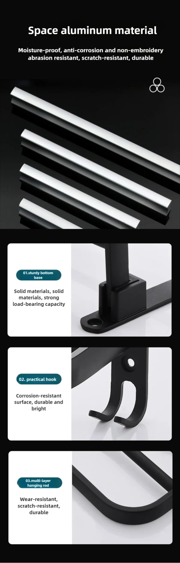 Black Space Aluminum Double‑Layer Folding Bathroom Towel Rack 50–60cm