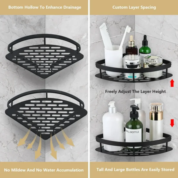 No‑Drill Aluminum Corner Bathroom Shelf – Wall Mounted Shower Organizer