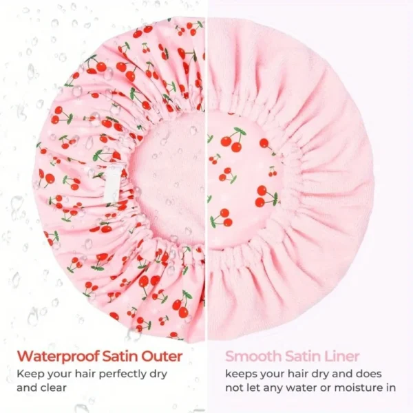 Adjustable Terry Lined Shower Cap for Women Triple Layer Waterproof Reusable Bath Hair Bonnet with Elastic Band
