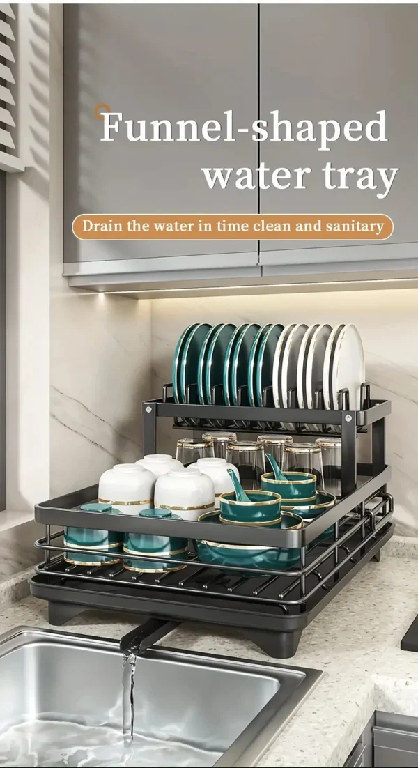Sc85ffb803cdc40738f4a7bb862140c7cG-1.webp 2‑Tier Stainless Steel Dish Drying Rack with Drainboard