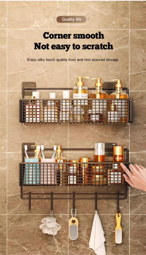 Non‑Perforated Wall‑Mounted Bathroom Storage Rack – Single Tier SUS304