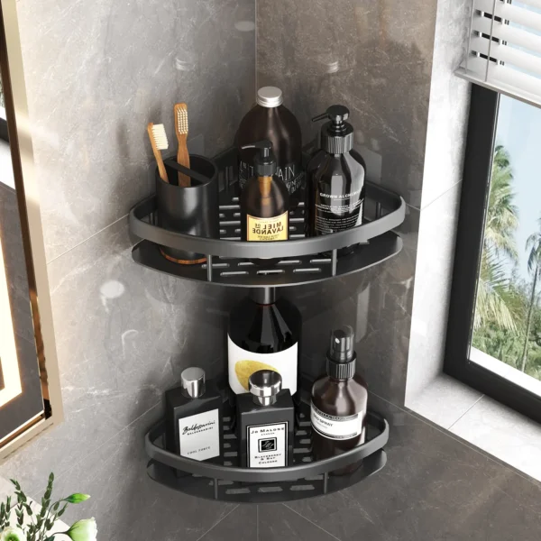 Sdd36e3ae7928483faaa55ad8cc574592d-2.webp Durable metal bathroom storage rack with a wall‑mounted, no‑drill corner design. Single‑tier shelf for shampoo, shower gel, and bathroom essentials.