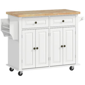 Kitchen Island with Storage, Rolling Trolley Cart with Rubber Wood Top, Spice Rack, Towel Rack, Grey