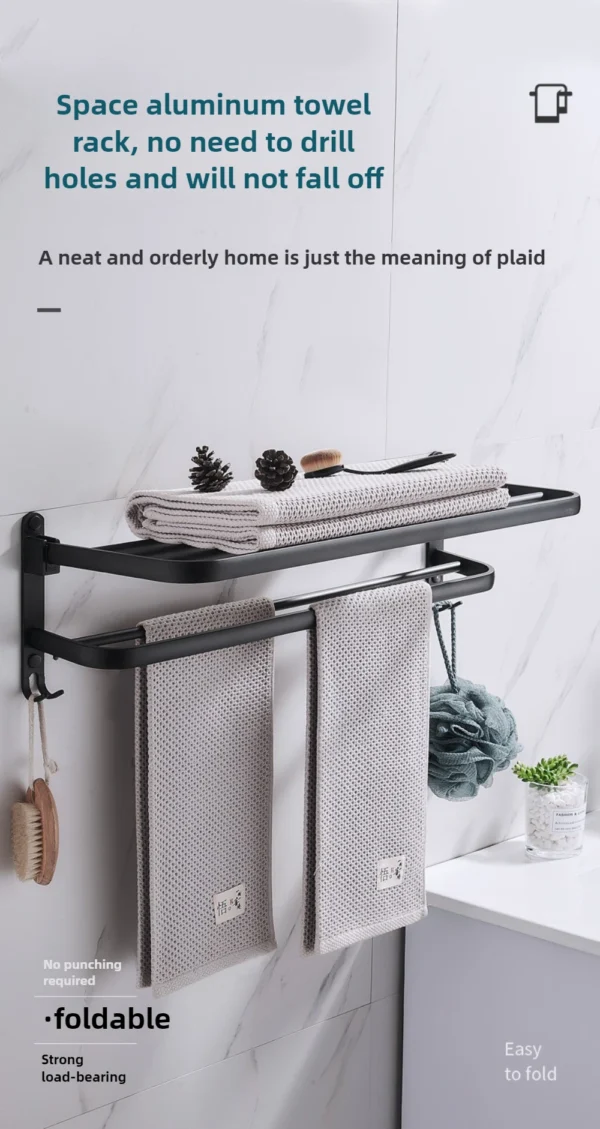 Black Space Aluminum Double‑Layer Folding Bathroom Towel Rack 50–60cm