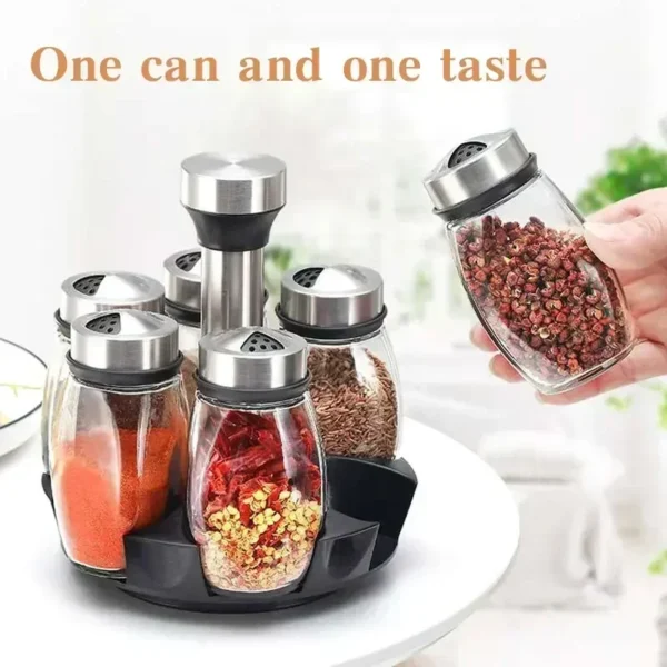 1set Spice Jar Set Rack Glass Organizer Rotating Glass Seasoning Sugar Pepper Bottles Salt Shakers Holder Kitchen Storage Rack