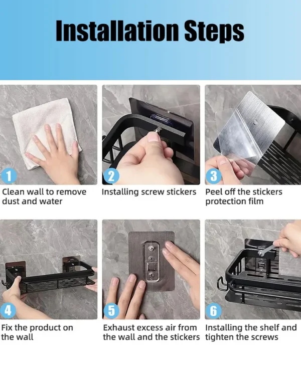 No‑Drill Aluminum Corner Bathroom Shelf – Wall Mounted Shower Organizer