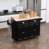 Kitchen Island with Storage, Rolling Kitchen Island with Drop Leaf, Rubber Wood Top and Adjustable Shelves, Black