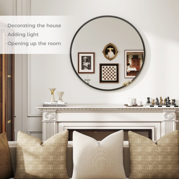 30" Round Mirror, Bathroom Wall Mirror with Metal Frame, Decorative Vanity Mirror for Living Room, Bedroom, Black