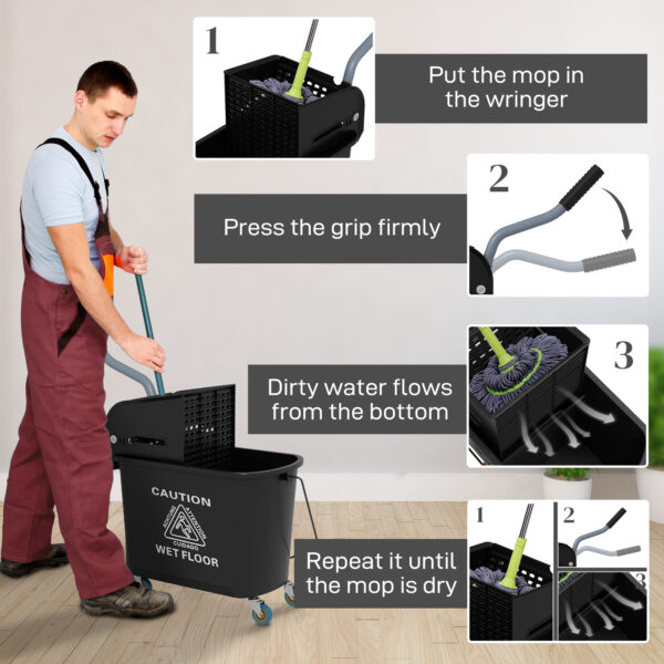 Szf8ba194949d5d7b.jpg Compact Mop Bucket with Wringer, Mop Bucket on Wheels, 5 Gallon, Separate Dirty and Clean Water, Black